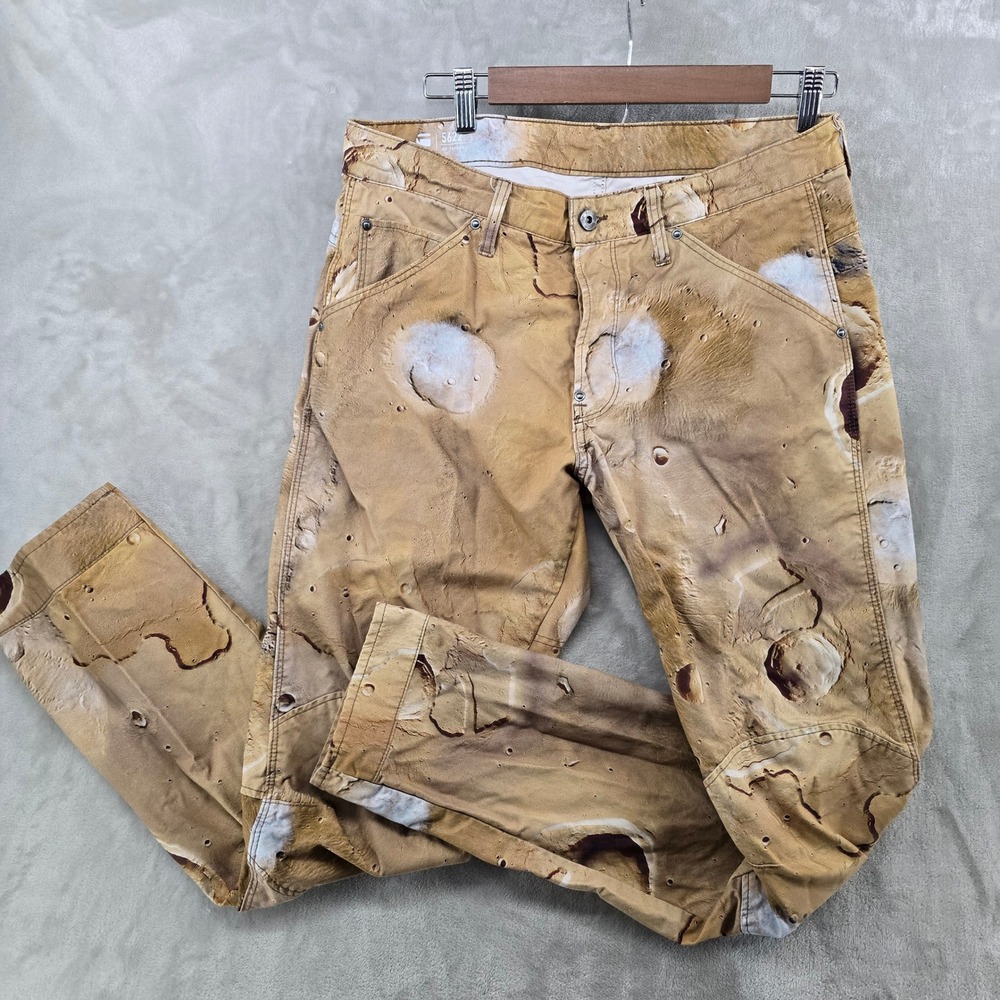 G-Star Raw 5622 Elwood Pants Mens 32 Tan Mars Surface Space Print Moto Tapered